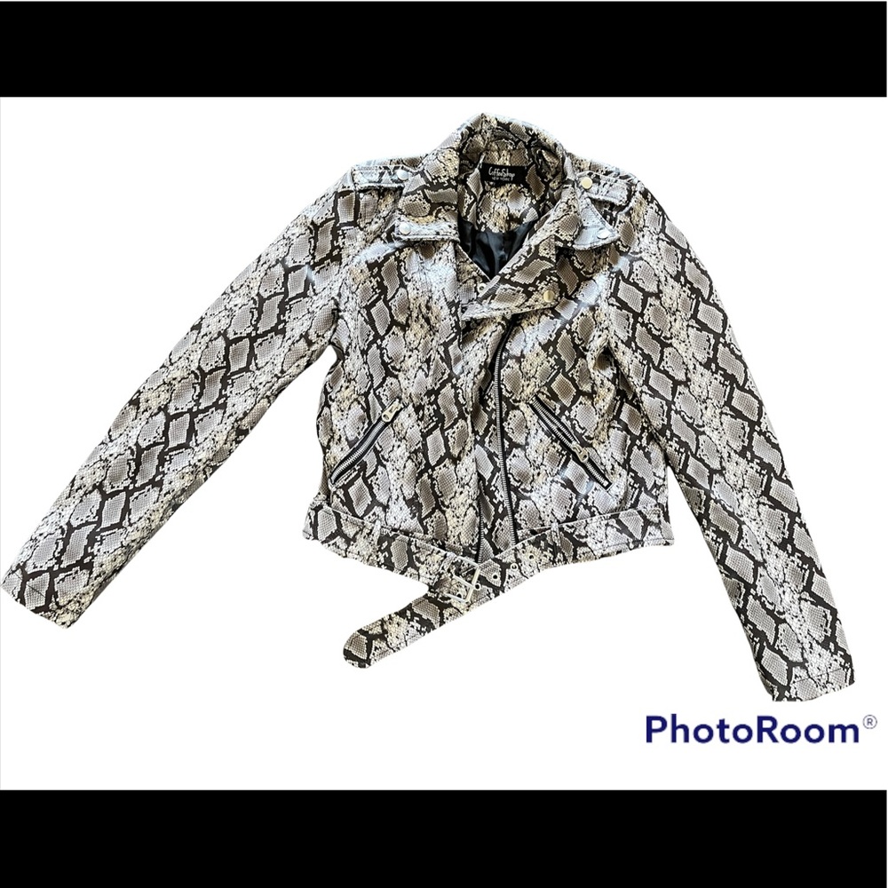 Snakeskin vegan leather moto jacket.